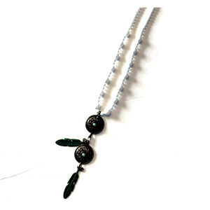 Vintage Southwestern Necklace Patina Feather Concho Talisman White Acrylic Boho